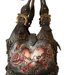 Isabella Fiore Heart Tattoo Leather Should Bag Tote Bag RARE Gray Gunmetal